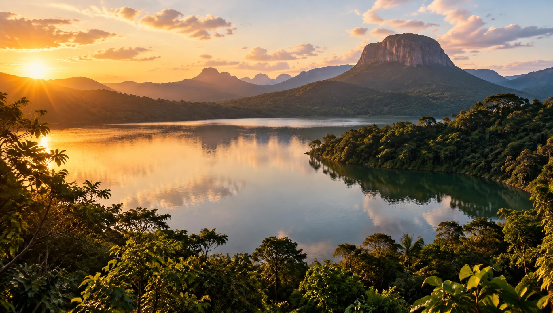 Lago cercado por floresta brasileira sob luz natural do fim de tarde