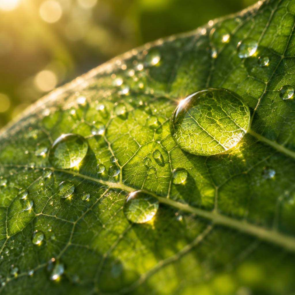 Folha em detalhe com gotas de água sob a luz natural